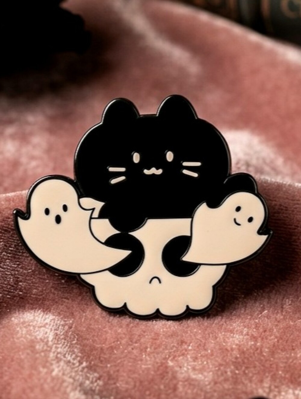 Cute Goth Dark Spooky Witchy Halloween Black Cat Ghosts Skull Enamel Lapel Pin